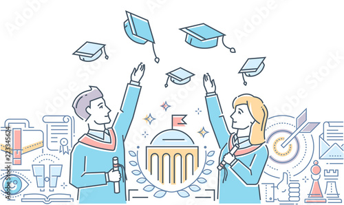 Graduating students - colorful line design style illustration