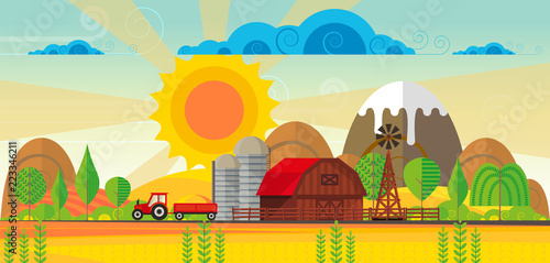 Abstract vector countryside rural landscape, farm with wooden barn and windmill. Can be use wallpaper or other background.