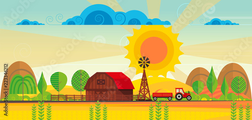 Abstract vector countryside rural landscape, farm with wooden barn and windmill. Can be use wallpaper or other background.