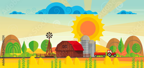 Abstract vector countryside rural landscape, farm with wooden barn and windmill. Can be use wallpaper or other background.