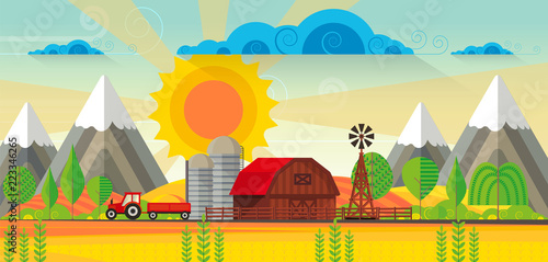Abstract vector countryside rural landscape, farm with wooden barn and windmill. Can be use wallpaper or other background.