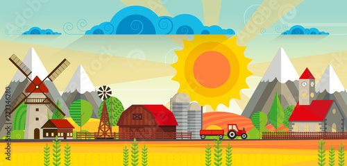 Abstract vector countryside rural landscape, farm with wooden barn and windmill. Can be use wallpaper or other background.