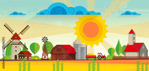 Abstract vector countryside rural landscape, farm with wooden barn and windmill. Can be use wallpaper or other background.