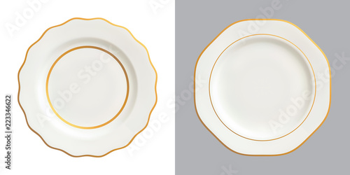 Vector illustration of decorative white plates with gold trims, isolated on white and dark backgrounds.