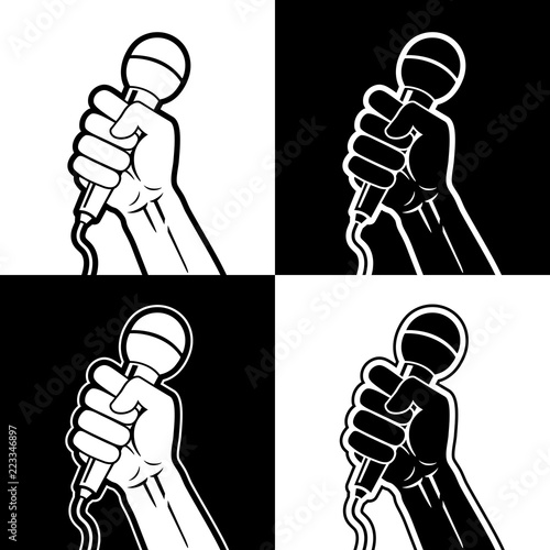 Set of vector illustrations - hand holding microphone in a fist. Light and dark versions on white and black backgrounds.