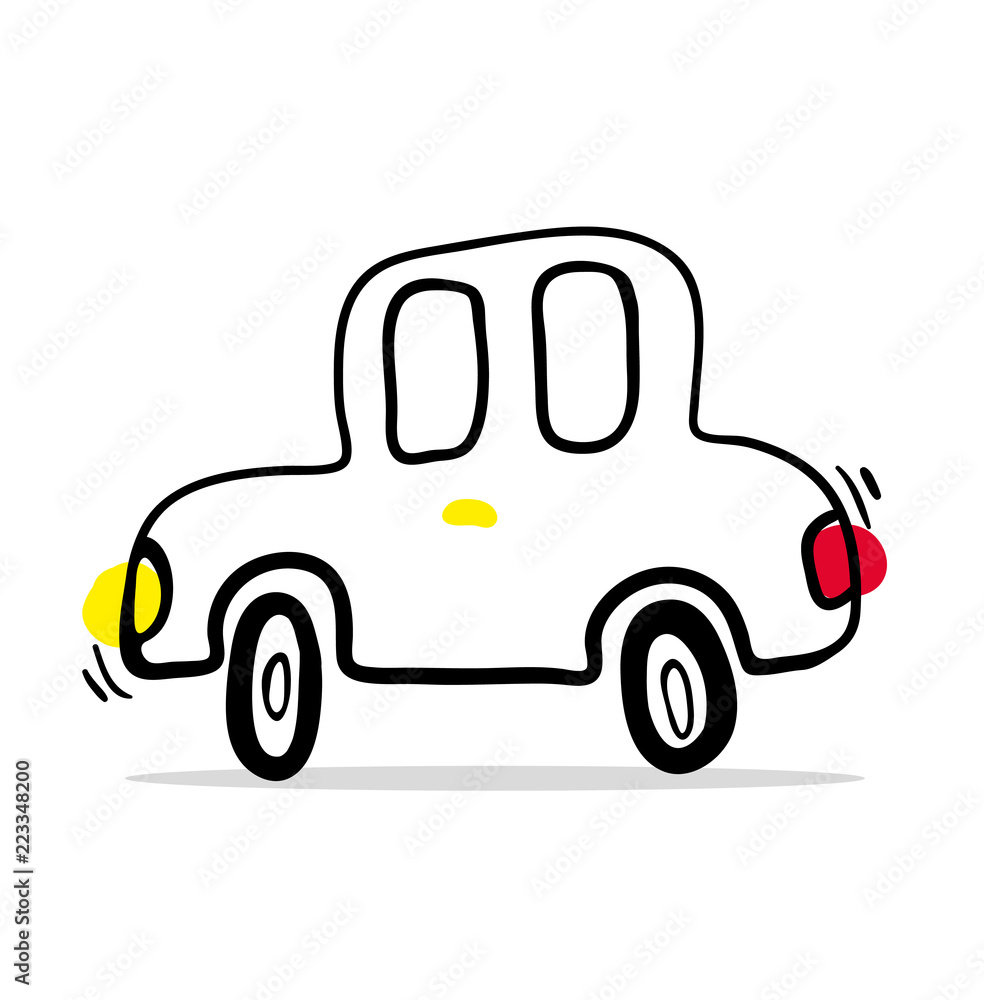Vector sketch car. Cartoon style mixed with minimalism and colored accents  on headlights on machine. icon symbol poster cartoon and comic journal.  Vector isolated illustration. Hand draw concept. Stock Vector | Adobe