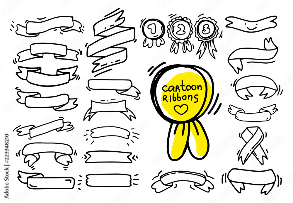Collection of ribbons drawing in cartoon style. Vector set in
