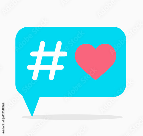 Love hashtag. Blue dialog box with hashtag and red heart inside. Use as print on T-shirt and other clothes emoji veiled declaration of love on postcard. Vector isolated illustration. Hand-drawn