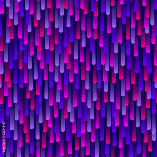 Neon colored purple rain drops on dark blue background. Random placed and colored stripes pattern. Vector illustration