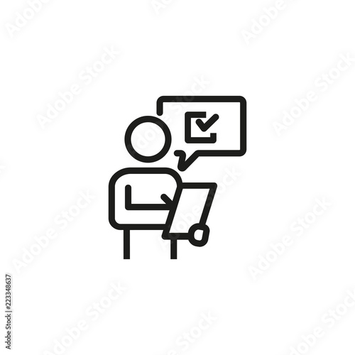 Man putting down results or answers line icon. Auditor, estimator, client. Survey concept. Vector illustration can be used for topics like business, marketing, service