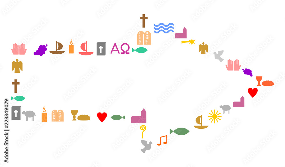 Pfeil aus bunten christlichen Symbolen, Outline Pfeil aus bunten christlichen Symbolen, Outline