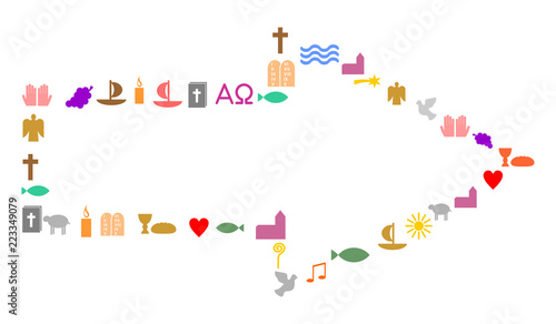 Pfeil aus bunten christlichen Symbolen, Outline