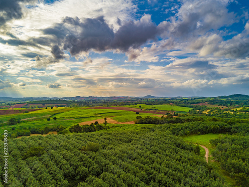 Scenic Landscape with Green Fields and Blue cloudy Sky. Agriculture farm in the Countryside. Aerial View Shot.