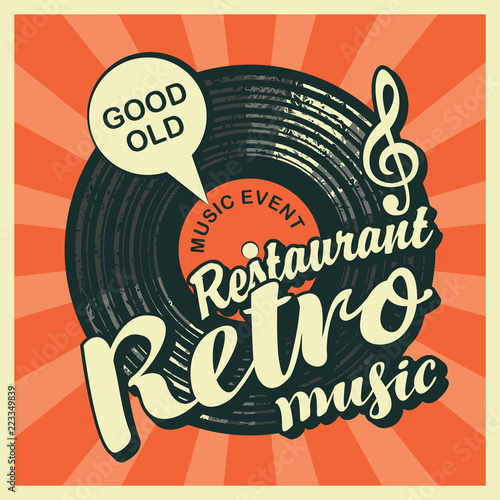 Vector banner or menu for retro music restaurant decorated with old vinyl record, treble clef and calligraphic inscription on motley background with rays in retro style