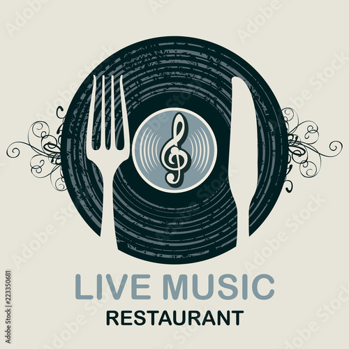 Vector menu or banner for restaurant with live music decorated with old vinyl record and cutlery on light background in retro style