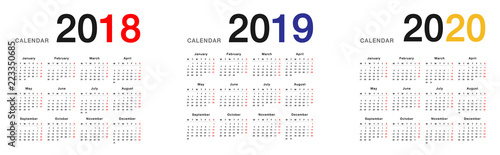 Year 2018 and Year 2019 and Year 2020 calendar vector design template, simple and clean design. Calendar for 2018 and 2019 on White Background for organization and business. Week Starts Monday. 