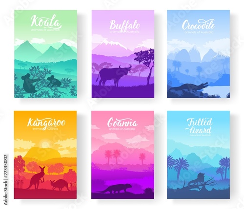 Australian animals in the natural habitat on brochure. Colorful flyers with Wildlife in nature. Template of magazines, poster, book cover, banners. Landscape invitation concept background