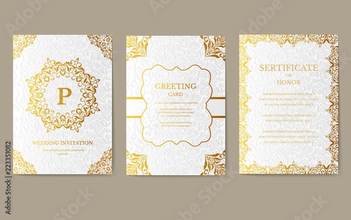 Set of Luxury Gold artistic pages with logo brochure template. Vintage art identity, floral, magazine. Traditional, Islam, arabic, indian. Decorative retro greeting card or invitation design