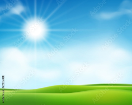Summer or spring sunny morning background with blue sky and shiny sun. Sunny day poster design. Vector illustration