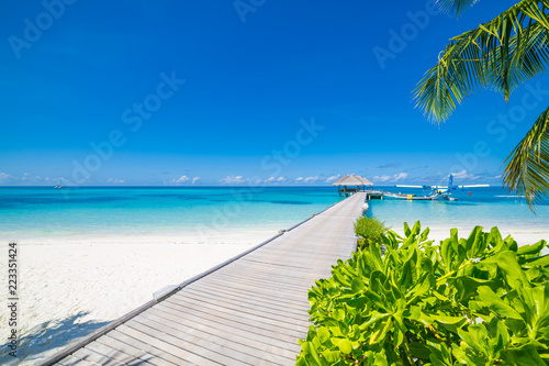 Fototapeta Naklejka Na Ścianę i Meble -  Beautiful beach with water bungalows at Maldives. Perfect beach panorama for summer travel destination banner background