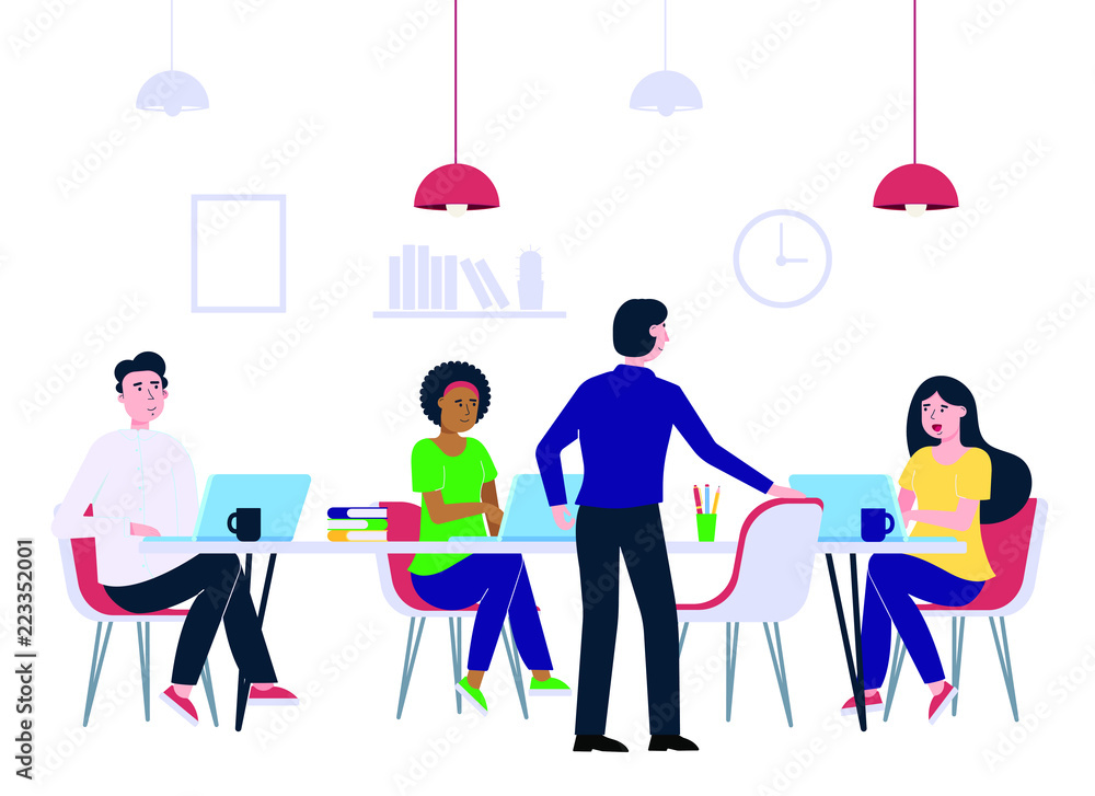 Teamwork of colleagues in the meeting room office with laptops, coffee and chairs happy men and woman talking and working vector characters flat style vector illustration. Teamwork concept in business Teamwork of colleagues in the meeting room office with laptops, coffee and chairs happy men and woman talking and working vector characters flat style vector illustration. Teamwork concept in business