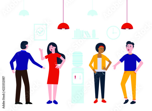 Teamwork of colleagues near the watercooler happy men and woman talking and working vector characters flat style vector illustration. Conversation at work place in office concept in business.