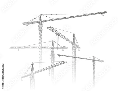 Tower construction crane. Vector line art on white