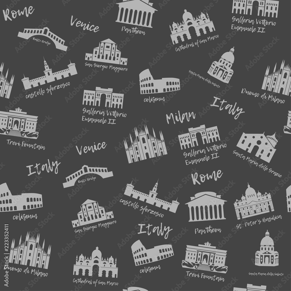 Seamless pattern of Italy. Building, landmarks of sities. Silhouette travel icons of the Colosseum, Galleria Vittorio, Pantheon, St. Peters Basilica, Trevi Fountain. Background of Venice, Milan, Rome