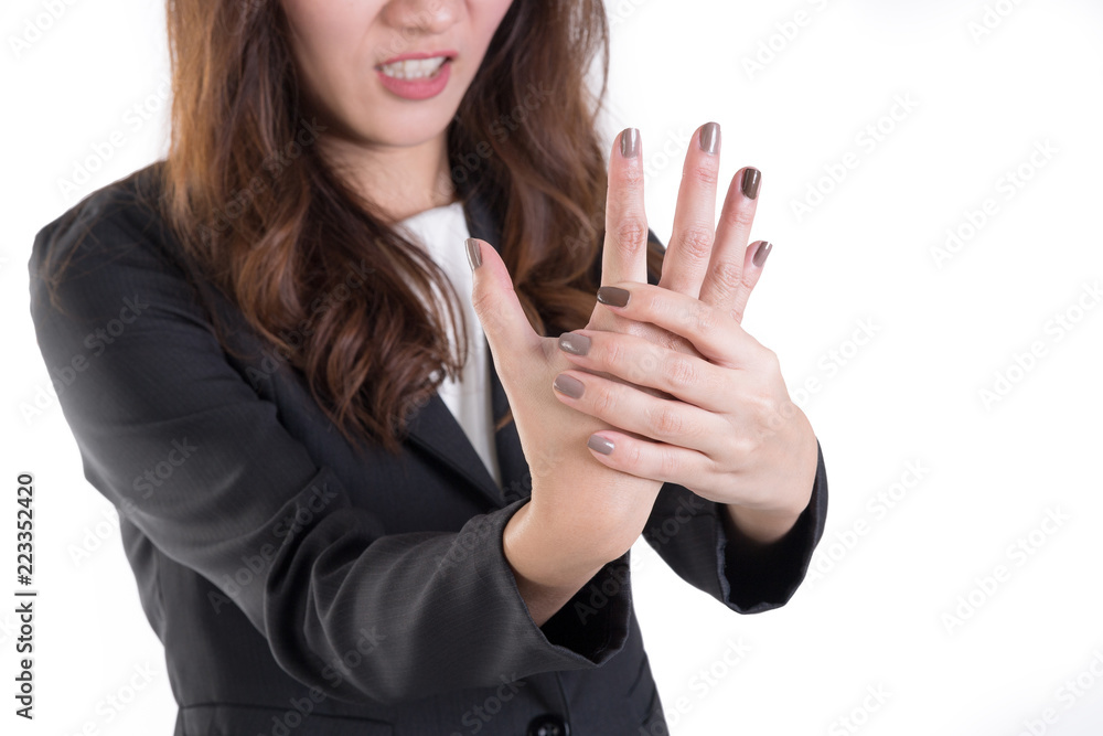 Closeup of Woman Have Palm Pain Isolated On White Background. Closeup of Woman Have Palm Pain Isolated On White Background.
