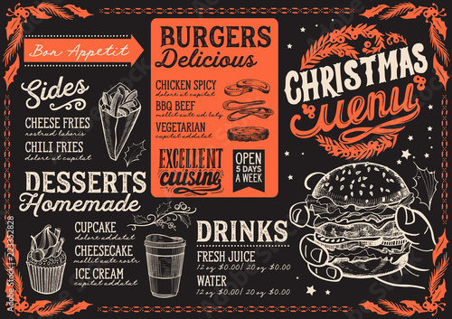 Christmas menu template for burger restaurant and cafe on a blackboard background vector illustration for xmas dinner celebration. Design poster with vintage lettering and holiday graphic.