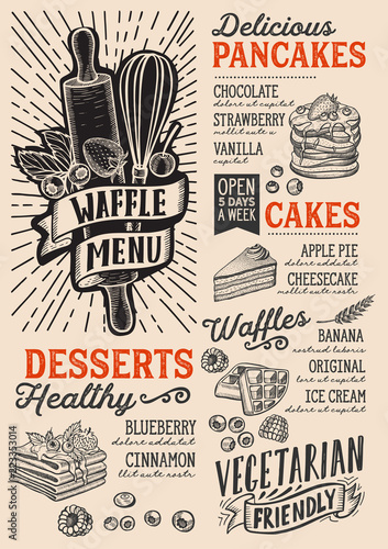 Waffle and pancake menu template for restaurant on a beige background vector illustration brochure for food and drink cafe. Design layout with vintage lettering and doodle hand-drawn graphic icons.