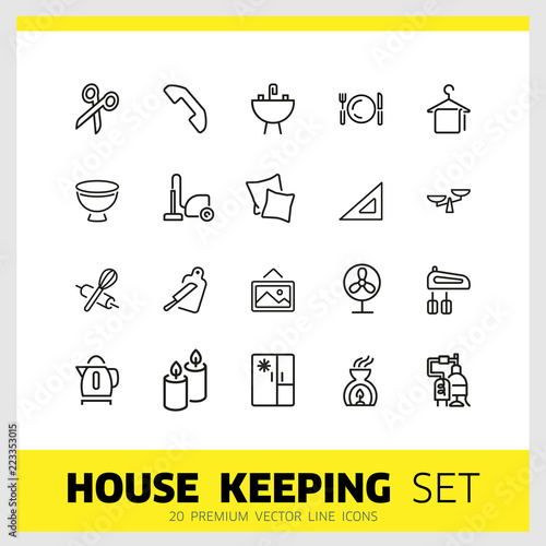 House keeping icons. Set of  line icons. Utensils, domestic appliance, housecleaning. Housekeeping concept. Vector illustration can be used for topics like household, cooking, kitchen.