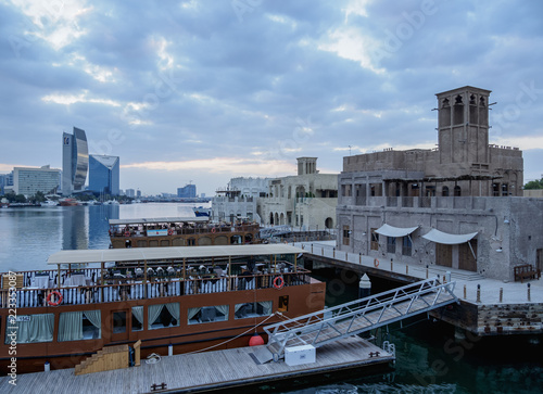Photography Al Bastakiya Historical Neighborhood and Dubai Creek at dawn, Dubai, United Arab