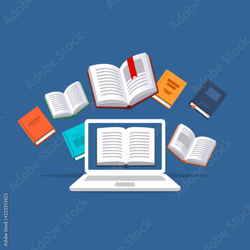 Computer with the flying books on the background. Modern online education concept. Home education. College homework. Studying at home with computer. Computer courses process and ebooks reading. 