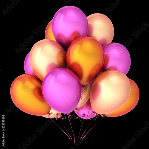 colorful balloon bunch purple orange pink colors. celebration, birthday, party, carnival decoration. 3d rendering, isolated on black
