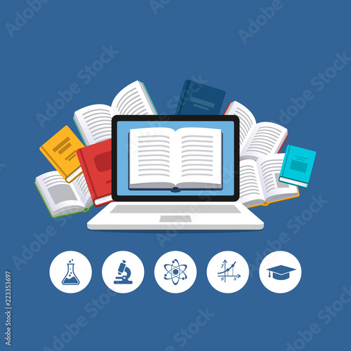 Computer with the flying books on the background. Modern online education concept. Home education. College homework. Studying at home with computer. Computer courses process and ebooks reading. 