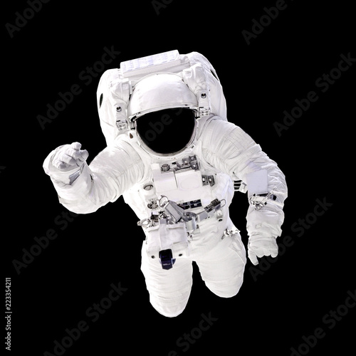 Fototapeta Naklejka Na Ścianę i Meble -  Astronaut in spacesuit close up isolated on black background. Spaceman in outer space. Elements of this image furnished by NASA