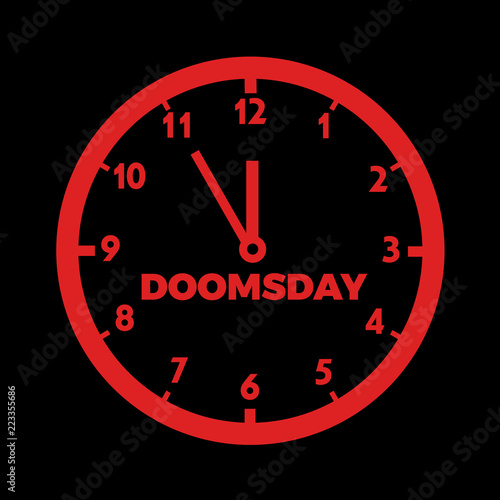 Doomsday clock - countdown to global disaster, catastrophe.and apocalypse. Vector illustration of dial.