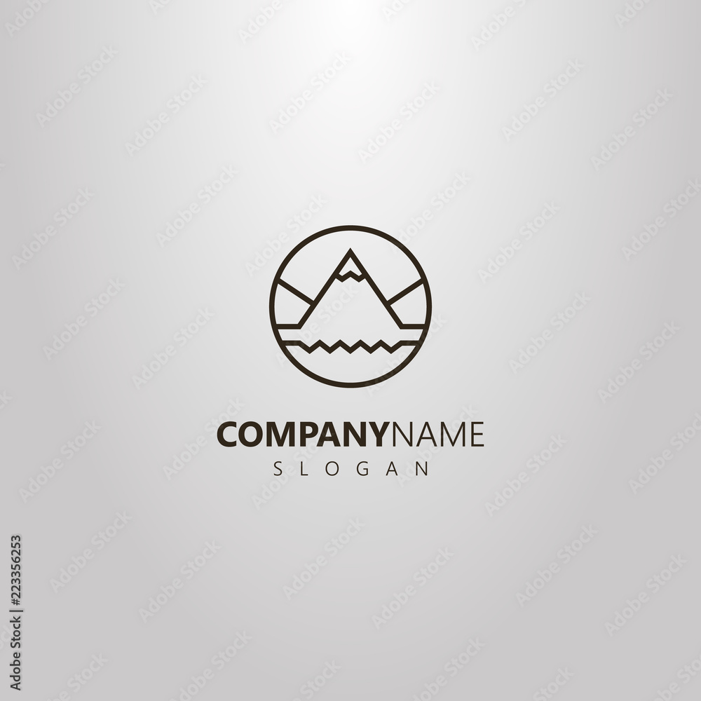 black and white simple vector line art geometric logo of mountain landscape with water waves and snow peak in a round frame black and white simple vector line art geometric logo of mountain landscape with water waves and snow peak in a round frame