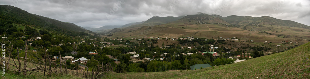 A beautiful mountain village. Panoramic view of great mountains. Green Talysh Mountains. Azerbaijan, Yardymli