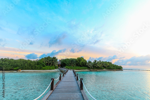 Amazing island in the Maldives ,wooden bridge and beautiful turquoise waters with blue sky background for holiday vacation .