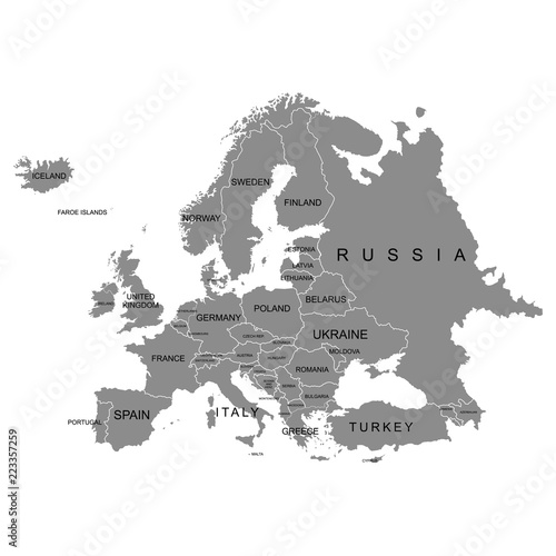 Territory of Europe continent. Separate countries with flags. List of countries in Europe. White background. Vector illustration