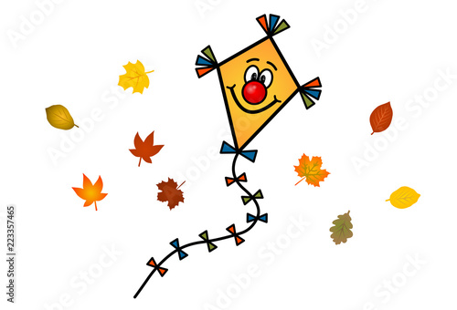 Lustiger Papierdrachen mit buntem, fliegenden Herbstlaub / Vektor-Illustrations-Set 