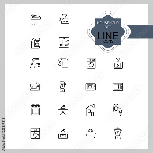 Household icons. Set of  line icons. Washing machine, TV set, sewing machine. Domestic appliances. Vector illustration can be used for topics like housework, housekeeping, technology
