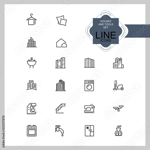 Houses and tools icons. Residential district, coffee machine, fridge. Home services concept. Vector illustration can be used for topics like domestic life, public service, housing development