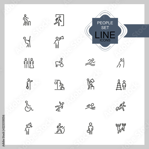People icons. Set of line icons. Swimming, metro station, exit. Public pictograms concept. Vector illustration can be used for topics like attention signs, public services