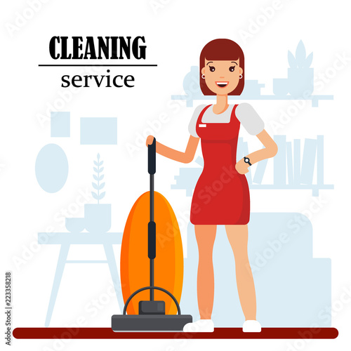 Cleaning service staff character with vacuum cleaner. Housewife cleaning at home, woman worker in uniform, housekeeping services - flat vector illustration