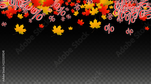 Vector Percentage Sign and Autumn Leaves Confetti on Transparent Background. Percent Sale Background. Business, Economics, Finance Print. Discount Illustration. Promotion poster. Black Friday Banner. 
