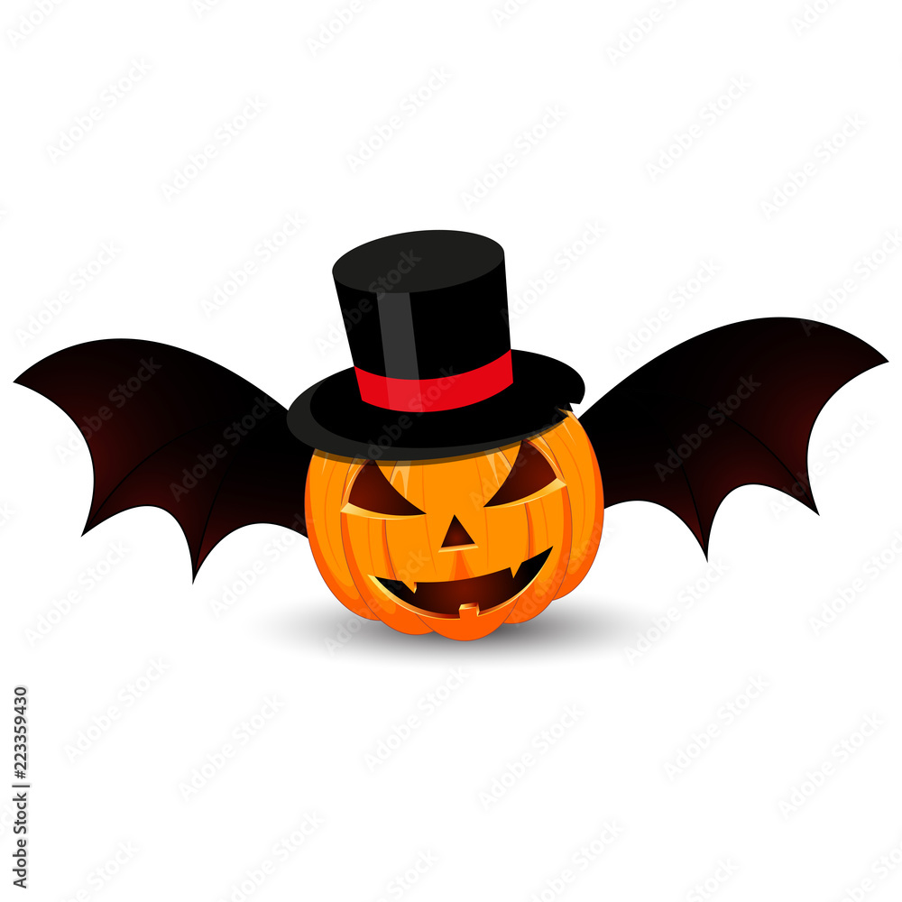 Naklejka premium Pumpkin with hat and winds on white background. The main symbol of the Happy Halloween holiday. Orange pumpkin with smile for your design for the holiday Halloween. Vector illustration.