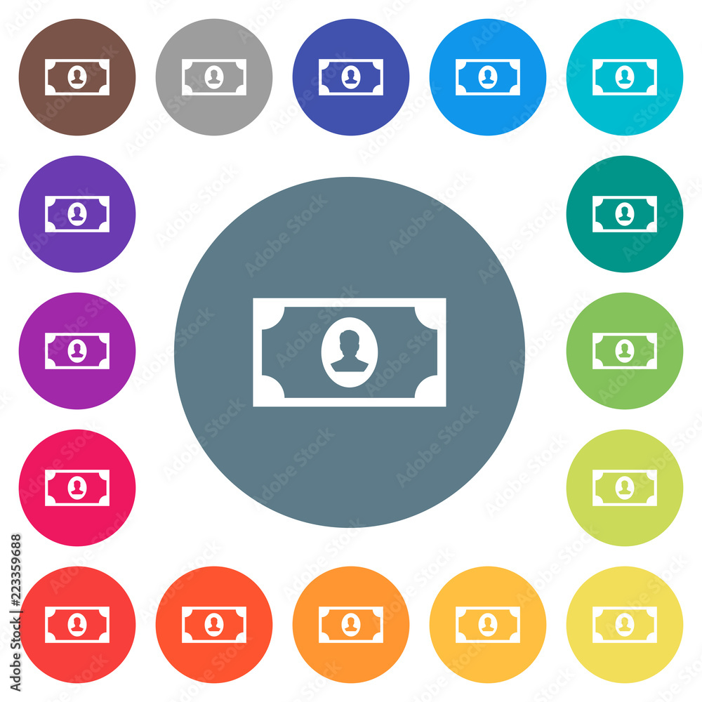 Single banknote with portrait flat white icons on round color backgrounds Single banknote with portrait flat white icons on round color backgrounds